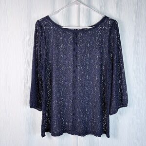 LOFT Navy Button Back Lace Blouse Size L